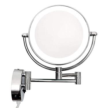 Imagem de LMJYU Espelho de maquiagem de montagem na parede com ampliação de 3x, iluminação LED dupla face espelho giratório de 360 graus espelho de banheiro extensão de espelho cosmético acabamento cromado