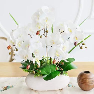 Imagem de LMJYU Orquídea artificial de seda flor artificial com vaso de cerâmica orquídea flores artificiais para mesa centro de mesa 53 cm flores artificiais florais falsas
