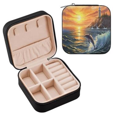 Imagem de YETTASBIN Caixa de joias de golfinho para adolescentes, meninas, mulheres, presente de aniversário, Natal, caixa de armazenamento portátil de couro PU, mini estojo de joias de viagem para colar