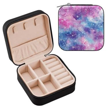 Imagem de YETTASBIN Caixa de joias Galaxy para adolescentes, meninas, mulheres, presente de aniversário, Natal, caixa de armazenamento portátil de couro PU, mini estojo de joias de viagem para colar, brincos