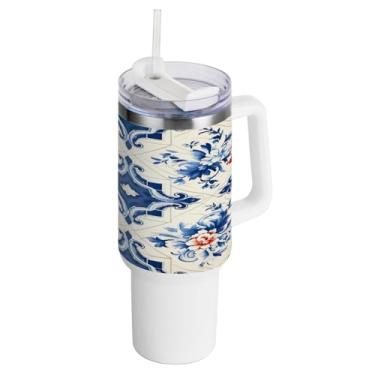 Imagem de Kigai Copo de 1,134 g com tampa e canudo, azulejos de cerâmica estilo mexicano, à prova de vazamento, durável, copo isolado de aço inoxidável com alça, garrafas de água à prova de derramamento para