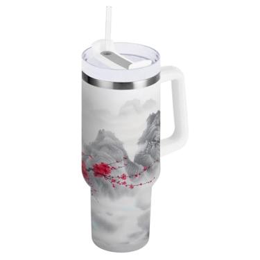 Imagem de Kigai Copo de montanha de pintura de tinta estilo chinês de 1,134 g com tampa e palha, copo isolado de aço inoxidável durável à prova de vazamento com alça, garrafas de água à prova de derramamento