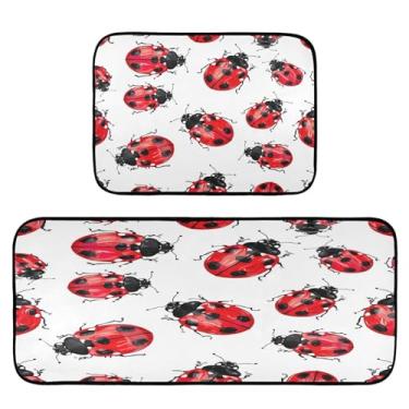 Imagem de Wassud Tapetes de cozinha vermelhos joaninhas para decoração de casa, tapetes de cozinha acolchoados, antifadiga, tapetes de cozinha, antiderrapante, lavável, itens essenciais, conjunto de 2