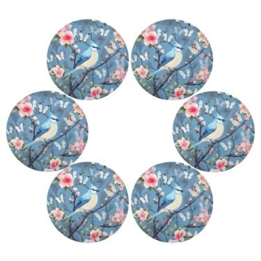 Imagem de Wassud Jogo americano conjunto de 6 tapetes redondos de pássaro azul em árvore fofa para cozinha e jantar tapetes laváveis resistentes ao calor decoração de mesa 39 cm