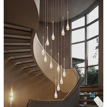 Imagem de Lustre pendente longo de cristal para escada, 12 luzes, para hall de entrada, sala de estar com pé direito alto, grandes cristais, LED com regulagem de intensidade, 305 cm (120")