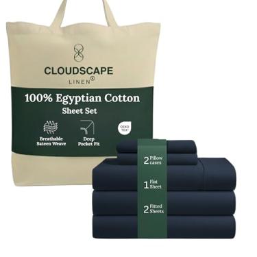 Imagem de Conjunto de lençóis de luxo Cloud Scape Linen 100% algodão egípcio (Split King, jeans escuro)