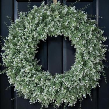 Imagem de Guirlanda de eucalipto grande de 81 cm para porta da frente, alpendre - guirlanda de eucalipto artificial e lavanda com flores de hálito de bebê para casa, decoração de parede de fazenda - primavera