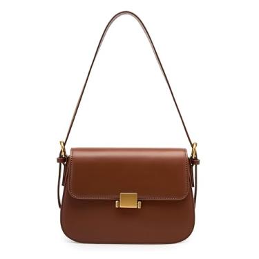 Imagem de Zecmos Bolsa de ombro feminina de couro genuíno para mulheres, bolsas transversais de couro verdadeiro, bolsa de mão pequena, Marrom, Bolsa de ombro pequena