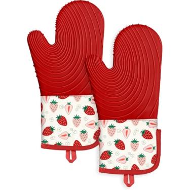 Imagem de Slohif Luvas de forno longas de silicone resistentes ao calor para mulheres - 2 peças de luvas de forno de morango 100% algodão, luvas de forno de silicone antiderrapantes e impermeáveis com gancho