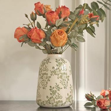 Imagem de Vaso de cerâmica vintage, vaso decorativo floral verde chinoiserie, vaso rústico retrô com acabamento rachado para decoração de casa, sala de estar, centros de mesa, cozinha, escritório, verde-03, 20
