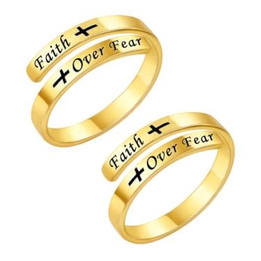 Imagem de Faith Over Fear Cross Anéis inspiradores para mulheres, filha, cristã, abençoada, amor, encorajamento, anéis, ajustável, aberto, minúsculo, pureza, envoltório de polegar, cruz, joias, formatura
