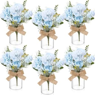 Imagem de Zeyune 6 conjuntos de vasos cilíndricos de vidro com hortênsias artificiais de folhas de eucalipto Gypsophila fio de serapilheira para decoração de mesa de casa para decoração de festa de Natal (azul)