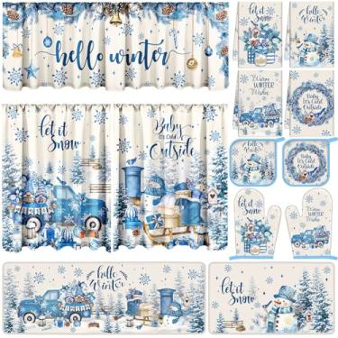 Imagem de Hillsuren 13 peças de conjuntos de cozinha de inverno com toalhas de cozinha, tapetes antiderrapantes, cortinas, porta-panelas, luvas de forno, boneco de neve, caminhão, decoração de casa, conjuntos