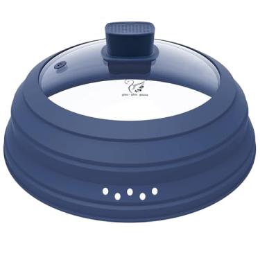Imagem de Tampa de vidro alta contra respingos de micro-ondas 14,7 cm de altura com silicone dobrável para prato de panela de alimentos 21,6 cm azul escuro