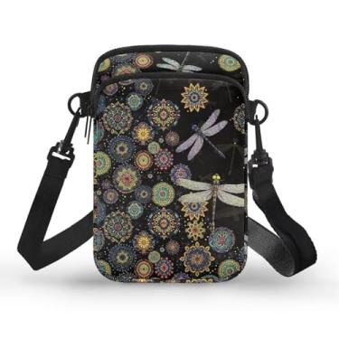 Imagem de CLOHOMIN Bolsa transversal para celular, mini bolsa tiracolo feminina e masculina com bolsos com zíper, Libélula Boho Flowers