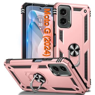 Imagem de Capa para Moto G-5G 2024 com 2 peças de protetor de tela HD, suporte de anel magnético com capa de celular resistente, capa protetora para Motorola Moto G 5G 2024, ouro rosa