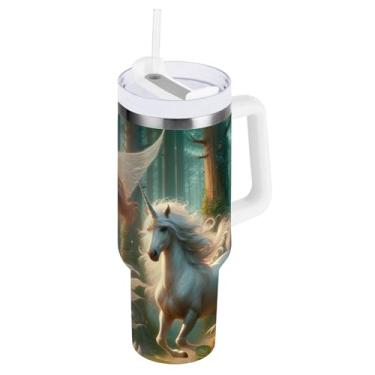 Imagem de ODAWA Copo grande com isolamento duplo de floresta de unicórnio com alça e tampa de canudo para viagem