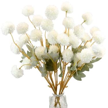 Imagem de Mandy's 6 hastes de seda marfim Kiku Ball Flowers – Hastes artificiais de crisântemo para decoração de casa, casamento e mesa central, arranjo floral falso realista, estilo minimalista e elegante