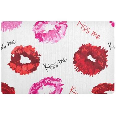 Imagem de TSENQUE Tapete de porta divertido personalizado com lábios vermelhos beije-me, decoração de varanda frontal, capacho antiderrapante, entrada externa, tapetes internos 81 x 50 cm