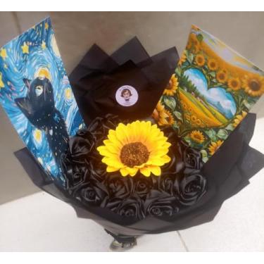 Imagem de Buquê de Rosas Eternas Van Gogh+Girassol (18 Rosas +2 Imagens+Led ou MSG) (Preto)