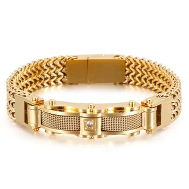 Imagem de Klapgo Pulseiras de ouro masculinas de aço inoxidável, pulseira de elos cubanos de ouro para homens com detalhes de zircônia cúbica durável moda Franco Link