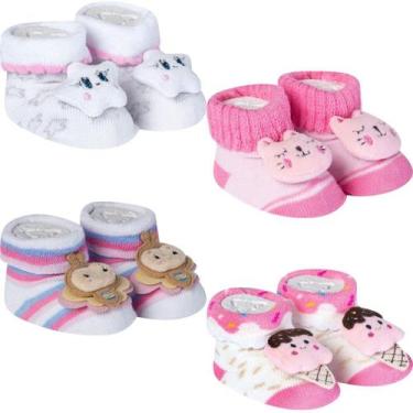 Imagem de Kit 4 Meias Pantufa Sapatinho Bebê Recém Nascido Menina Saída Maternid