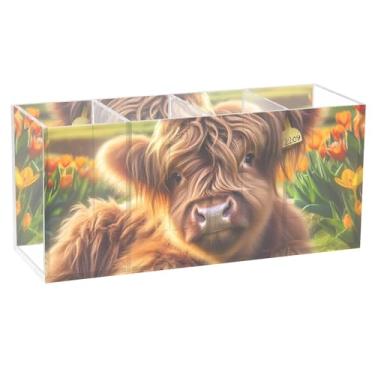 Imagem de TSENQUE Porta-canetas de acrílico fofo com estampa de animal, coelhinho de vaca Highland para mesa, suporte de lápis personalizado, organizador de canetas, copos artísticos, materiais de escritório