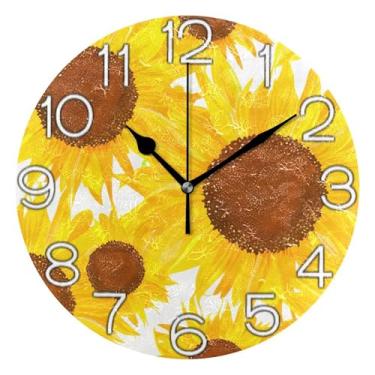 Imagem de GAIGEO Relógio de parede analógico decorativo escritório cozinha relógio operado por bateria silencioso, sala de estar decoração de parede moderna, girassol amarelo floral, 25 cm, ponteiros pretos