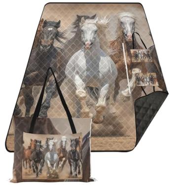 Imagem de TSENQUE Cobertor de praia à prova de areia com pintura de animais cavalos à prova d'água tapete de brincar ao ar livre para grama tapete de piquenique fofo dobrável 203 cm x 152 cm