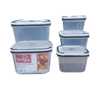 Imagem de Conjunto de Potes Herméticos Quadrados, Kit com 5 Peças, Plástico Transparente com Tampa Branca, 320ml a 2300ml, Sistema de Vedação a Vácuo, Empilháveis, Livres de BPA