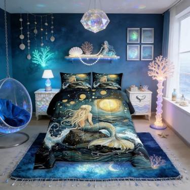 Imagem de Jogo de cama infantil de princesa sereia, tamanho Queen, escamas de peixe, cauda, criaturas do oceano, lua, ondas do mar, fantasia, edredom para quarto, azul petróleo, 2 fronhas