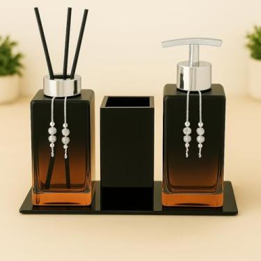 Imagem de Kit Lavabo Luxo Sabonete Líquido C/Porta Escovas e Aromatizante De Ambiente C/Bandeja(Preto Rose C/Prata)