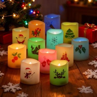 Imagem de CANDLE CHOICE Velas votivas de Natal que mudam de cor, operadas por bateria, pequenas votivas elétricas realistas de LED com tema natalino, decalques para decorações de festa de Natal, pacote com 12