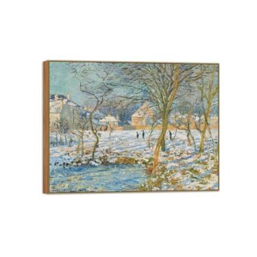 Imagem de Claude Monet Famosa impressão em tela de parede pronta para pendurar - efeito de neve - pintura de moldura de madeira para decoração de sala de estar 50 x 65 cm 20 x 26 pol
