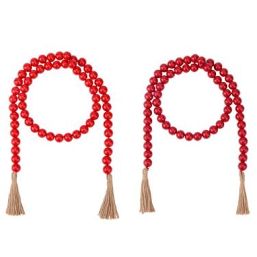 Imagem de SUPERFINDINGS 2 peças de guirlanda de contas de madeira de fazenda com borlas 1,06 m contas decorativas rústicas rústicas vermelhas com contas versáteis boho decoração de parede para cozinha sala de