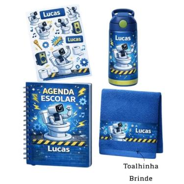 Imagem de Kit Escolar Personalizado Infantil – Garrafa 500ml, Agenda 2026 A5, 170 Etiquetas (Roupas e Vinil), Toalhinha – Tema Personalizado