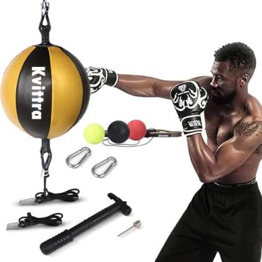 Imagem de Kvittra Saco de pancada de ponta dupla para treinamento – Conjunto Speed Ended inclui 3 faixas de cabeça e bomba de bola refletiva - MMA portátil (amarelo)