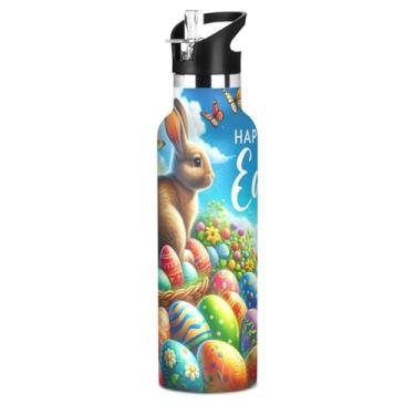 Imagem de Joisal Garrafa de água de coelho fofo ovos de páscoa adolescentes com tampa de palha, garrafas de água isoladas de aço inoxidável à prova de vazamento, copos infantis livres de BPA para escola