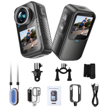 Imagem de NUISK Mini câmera de ação com tela dupla | Câmera esportiva 4K, suporte magnético, grande angular de 130°, capa impermeável, tela sensível ao toque dupla, pré-gravação, cartão de memória de 64 GB