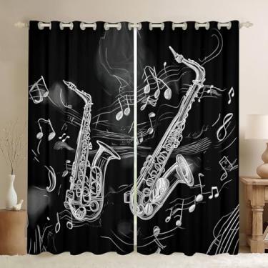 Imagem de Saxofone vintage 137 cm L x 213 cm C 2 painéis cortinas e cortinas minimalistas notas musicais cortinas para crianças, meninos, meninas, preto com impressão de instrumento musical, tratamentos de