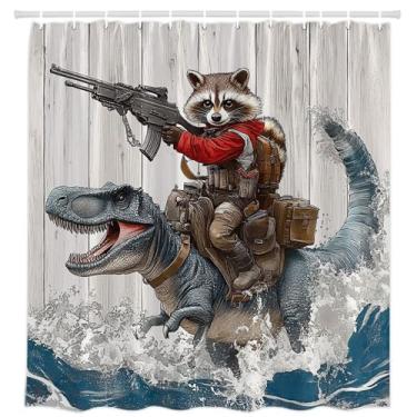 Imagem de Cortina de chuveiro engraçada de dinossauro guaxinim animal bacana onda do oceano rústica fundo placa de madeira desenho animado divertido decoração banheiro cortinas de tecido poliéster com ganchos