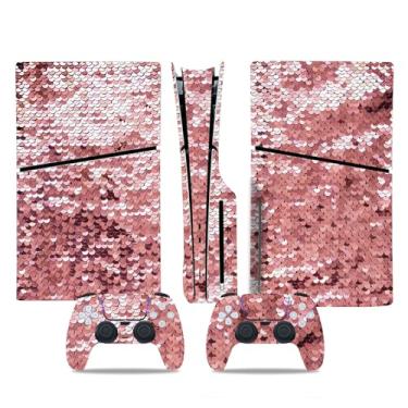 Imagem de Película de decalque para disco Ps5, capa adesiva de vinil de corpo inteiro para console e controle PlayStation 5 (edição de disco PS5, Blue Lightning) (glitter rosa claro, disco fino para PS5)