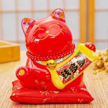 Imagem de FENNYYAR Lindo enfeite de porcelana de gato da sorte vermelho de corpo inteiro, 11 cm, estátua de gato da sorte Feng Shui