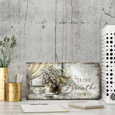 Imagem de Placa de parede rústica Just Breathe de 9 x 19 cm, decoração floral e borboleta para casa, quarto, sala de estar e muito mais
