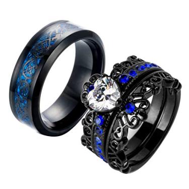 Imagem de Ringcrown Anéis de casal banhado a preto coração azul CZ conjuntos de alianças de casamento femininas anel de casamento de titânio masculino (compre 2 anéis para 1 par), women size6, Metal Cristal