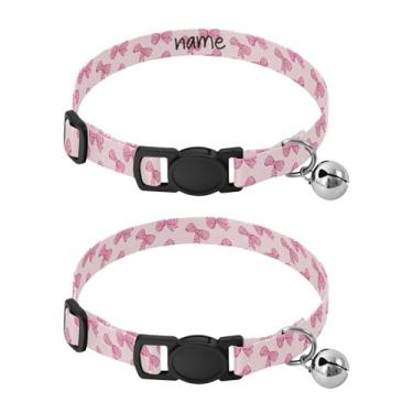Imagem de SEHANY Conjunto de 2 coleiras de cachorro com laço rosa fofo, fivela de plástico resistente, leve, macia e leve, com sino pequeno, coleiras personalizadas com nome de animal de estimação para meninos