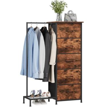 Imagem de Somdot Cômoda com suporte para pendurar, armário pequeno com 5 gavetas para quarto, cômoda de quarto com sapateira, cômoda de armazenamento 2 em 1, torre de armazenamento alta, moldura resistente