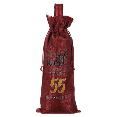 Imagem de PATIKIL Saco de garrafa de vinho para presente de aniversário de 55 anos de 15 x 35 cm, 1 pacote reutilizável para decoração de vinho com cordão para festas de chá de amigos, vermelho