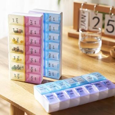 Imagem de Pacote com 1 organizador semanal de comprimidos para 7 dias AM/PM – Estojo para comprimidos 2 vezes por dia para vitaminas e medicamentos (rosa e amarelo)