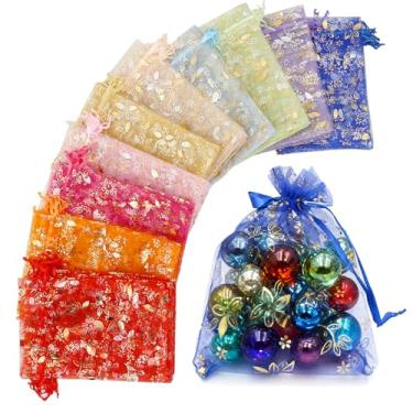 Imagem de HDST-HOME 100 peças de bolsa de presente de organza lua estrela bolsa de joias com cordão bolsa de doces lavanda lembrancinha sacos de malha de casamento festa de Natal, 12 x 17 centímetros (flor)